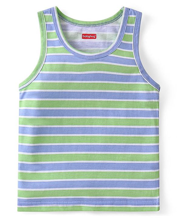 Babyhug 100% Cotton Knit Sleeveless Striped Sando & Shorts Set With Football Print - Navy Blue