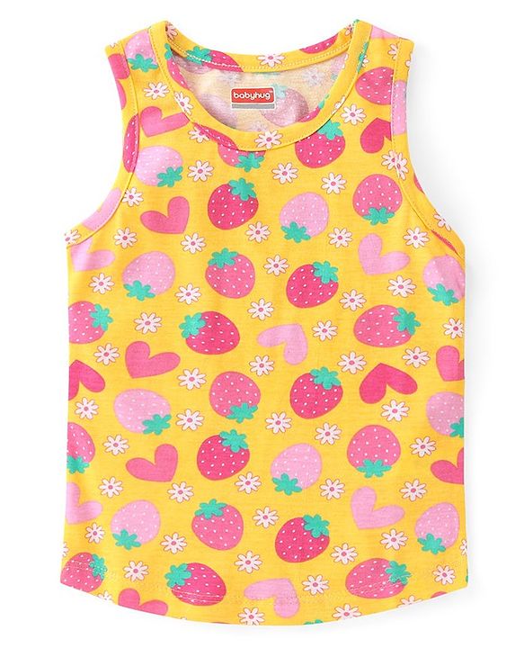 Babyhug 100% Cotton Knit Sleeveless Inner wear Set with Strawberry Print - Multicolour