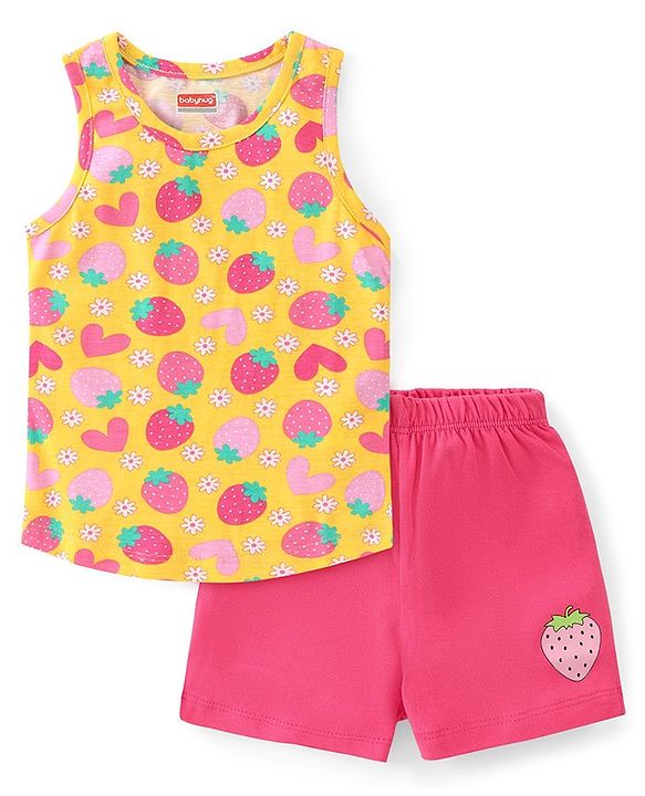 Babyhug 100% Cotton Knit Sleeveless Inner wear Set with Strawberry Print - Multicolour