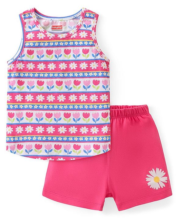 Babyhug 100% Cotton Single Jersey Sleeveless Sando Shorts Set Floral Print - Multicolor
