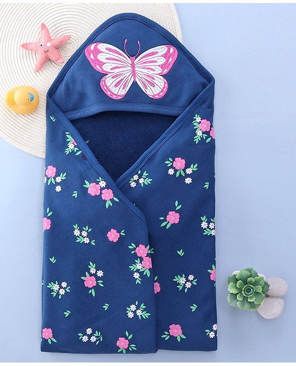 Babyhug Knit Hooded Towel with Floral Print L 76.2 x B 76.2 cm - Navy Blue