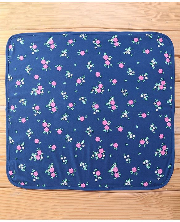 Babyhug Knit Hooded Towel with Floral Print L 76.2 x B 76.2 cm - Navy Blue