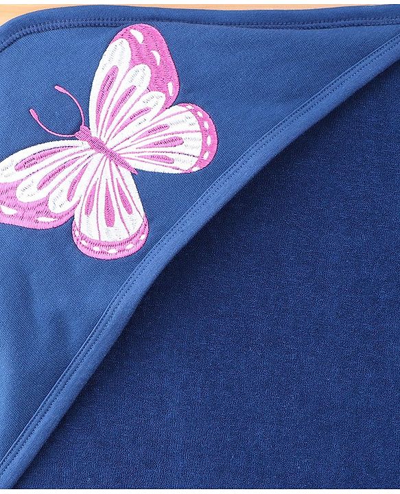 Babyhug Knit Hooded Towel with Floral Print L 76.2 x B 76.2 cm - Navy Blue