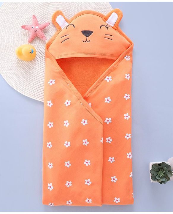 Babyhug Terry Knit Hooded Towel with Floral Print - Orange