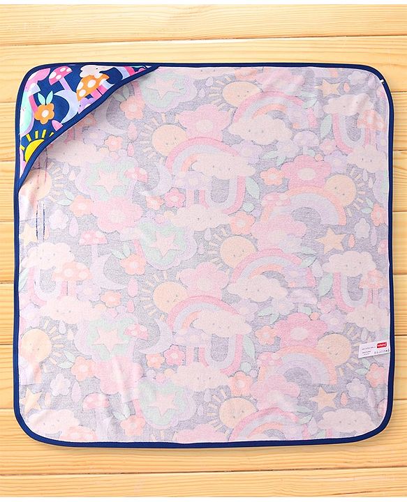 Babyhug  Terry Hooded Towel with Sun & Rainbow Print L 76.2 x B 76.2 cm - Navy Blue