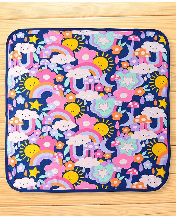 Babyhug  Terry Hooded Towel with Sun & Rainbow Print L 76.2 x B 76.2 cm - Navy Blue