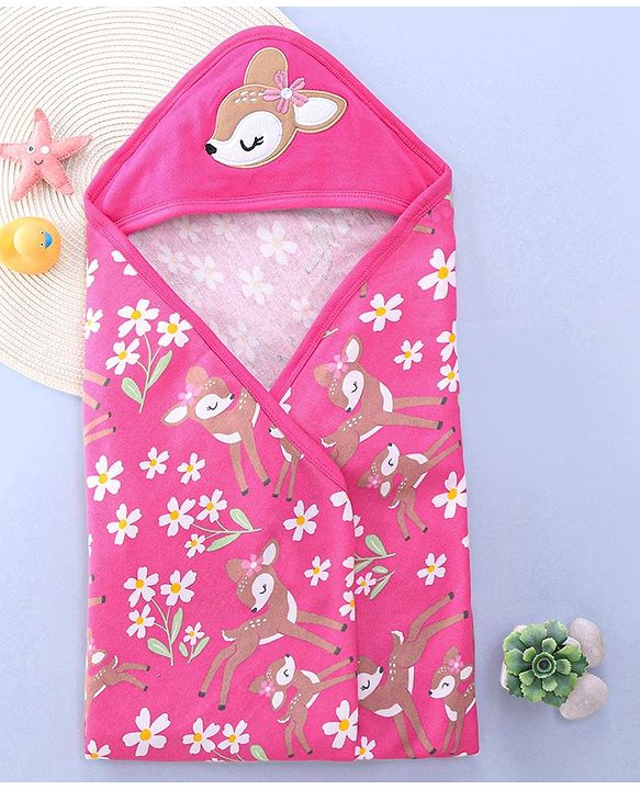 Babyhug Terry Knit Hooded Towel with Floral & Deer Print L 76.2 x B 76.2 cm - Pink