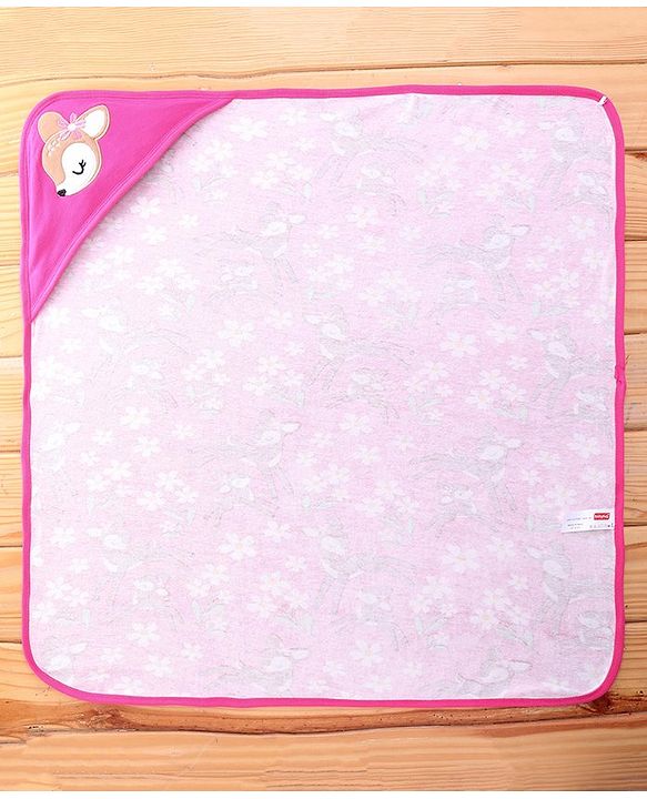 Babyhug Terry Knit Hooded Towel with Floral & Deer Print L 76.2 x B 76.2 cm - Pink