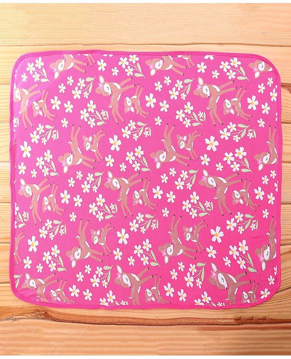 Babyhug Terry Knit Hooded Towel with Floral & Deer Print L 76.2 x B 76.2 cm - Pink