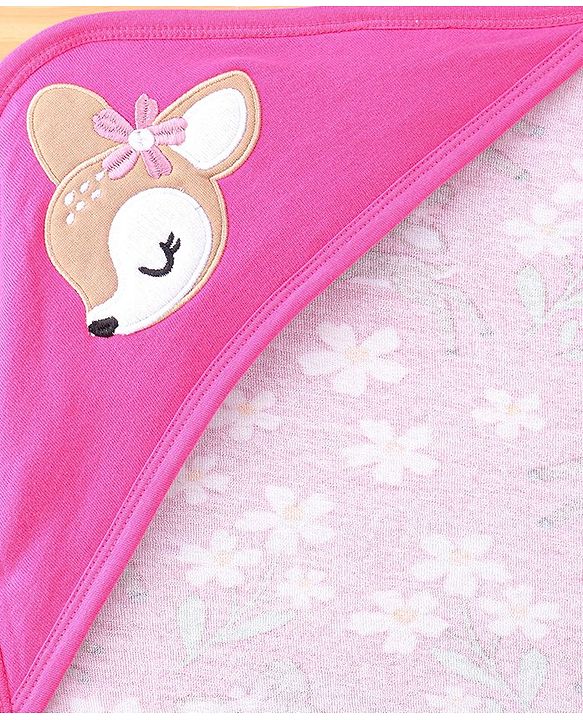 Babyhug Terry Knit Hooded Towel with Floral & Deer Print L 76.2 x B 76.2 cm - Pink