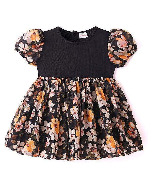 Babyhug Organza Woven Puffed Sleeves Frock With Floral Print - Black