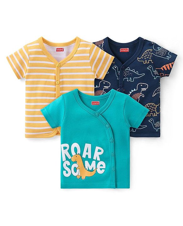 Babyhug 100% Cotton Knit Half Sleeves Striped & Printed Set Of Vests Pack Of 3 - Multicolor