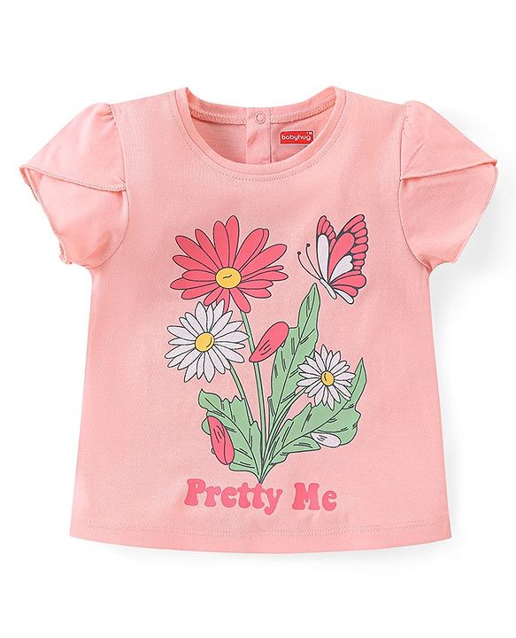 Babyhug Cotton Knit Half Sleeves Top With Floral Graphics - Pink