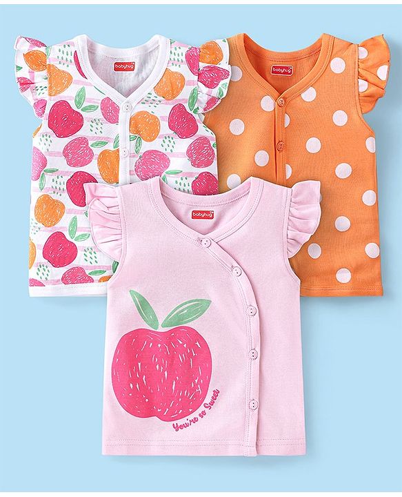 Babyhug 100% Cotton Frill Sleeves Front Open Jhablas with Apple & Polka Dots Print Pack of 3 - Multicolour