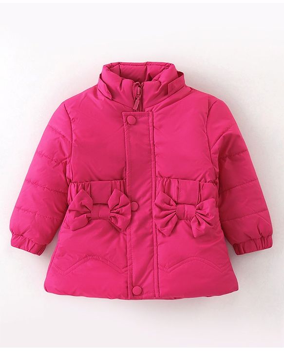 Babyhug Woven Full Sleeves Padded Hooded Winter Jacket with Bow Applique & Pockets - Dark Pink