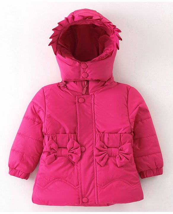 Babyhug Woven Full Sleeves Padded Hooded Winter Jacket with Bow Applique & Pockets - Dark Pink