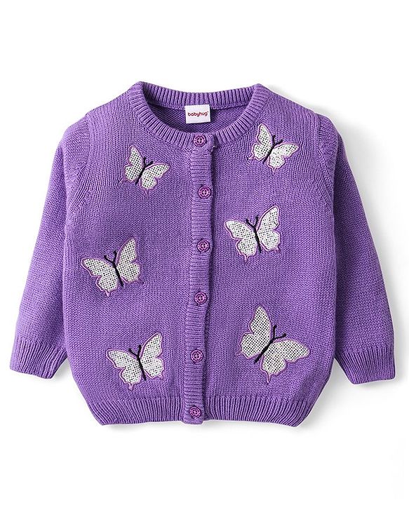 Babyhug Knitted Full Sleeves Front Open Sweater With Butterfly Patch Detailing - Lavender