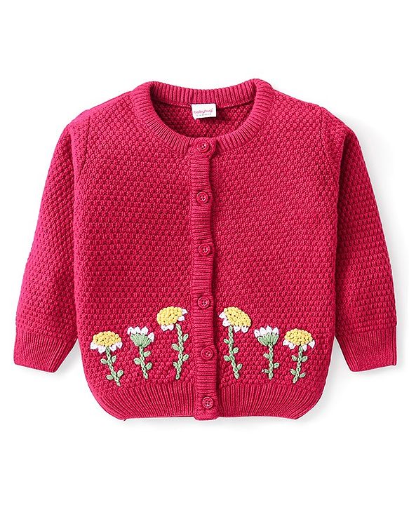 Babyhug Knitted Full Sleeves Front Open Sweater With Floral Embroidery Detailing - Fuchsia