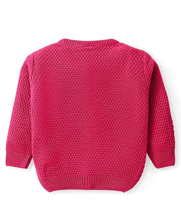 Babyhug Knitted Full Sleeves Front Open Sweater With Floral Embroidery Detailing - Fuchsia