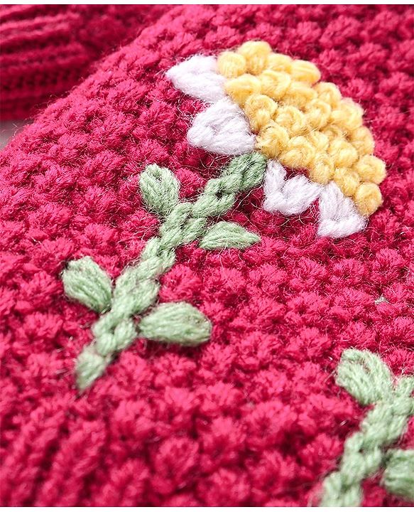Babyhug Knitted Full Sleeves Front Open Sweater With Floral Embroidery Detailing - Fuchsia