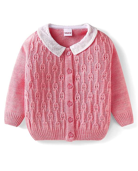 Babyhug Knitted Full Sleeves Front Open Sweater With Peter Pan Collar & Cable Knit Design - Pink