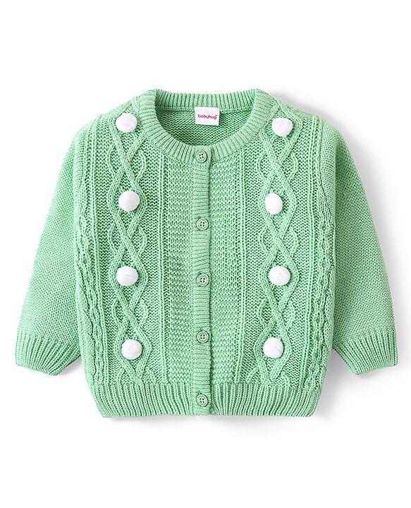 Babyhug Knitted Full Sleeves Front Open Sweater With Cable Knit Design - Mint