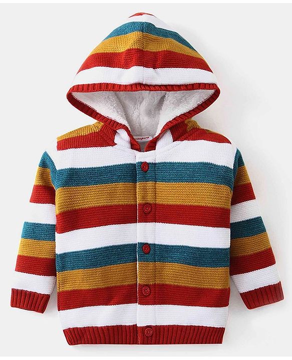 Babyhug Knit Full Sleeves Hooded Striped Sweater  - Multicolour