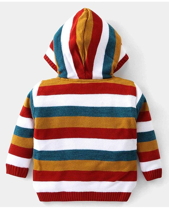 Babyhug Knit Full Sleeves Hooded Striped Sweater  - Multicolour