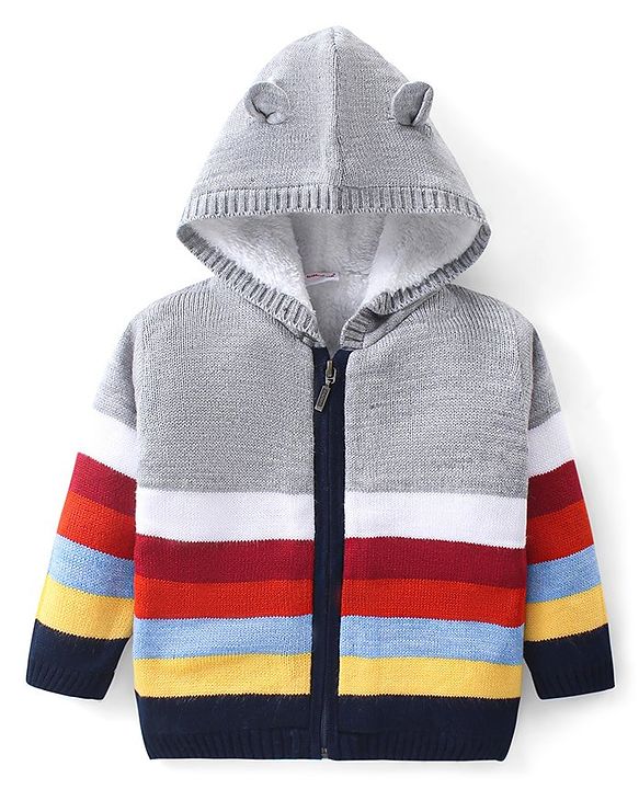 Babyhug Knitted Full Sleeves Striped Front Open Hooded Sweater -Multicolor