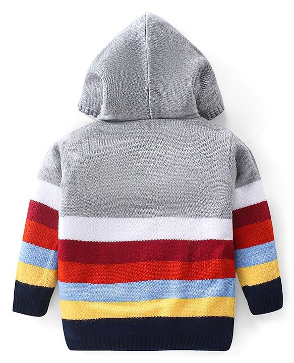 Babyhug Knitted Full Sleeves Striped Front Open Hooded Sweater -Multicolor
