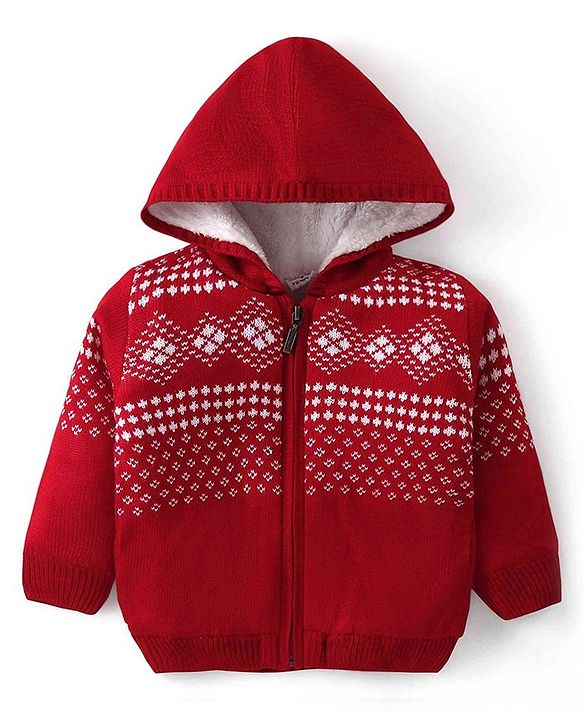 Babyhug Knit Full Sleeves Hooded Sweater Aztec Design - Red