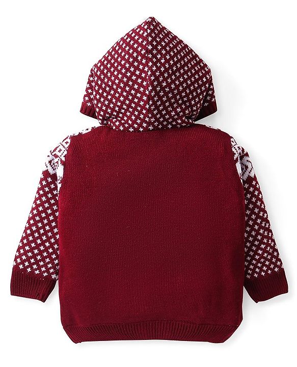 Babyhug Knitted Full Sleeves Front Open Hooded Sweater With Aztec Design - Red