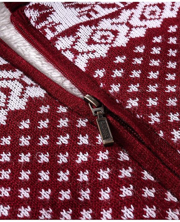 Babyhug Knitted Full Sleeves Front Open Hooded Sweater With Aztec Design - Red