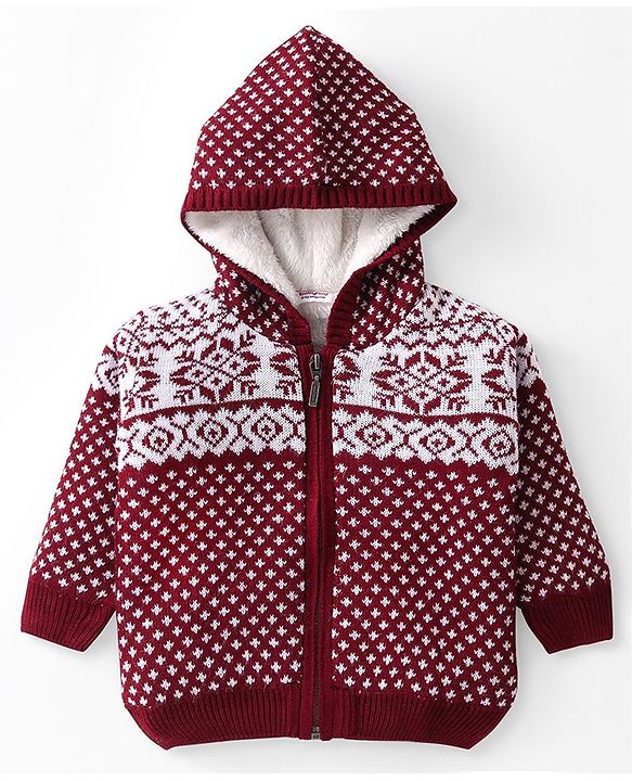 Babyhug Knitted Full Sleeves Front Open Hooded Sweater With Aztec Design - Red