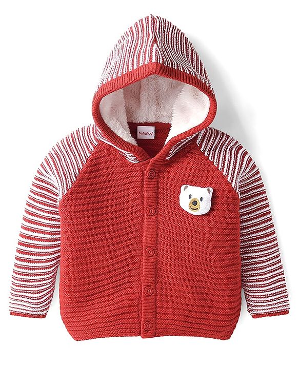 Babyhug Knitted Full Raglan Sleeves Front Open Hooded Sweater With Cable Knit Design - Red