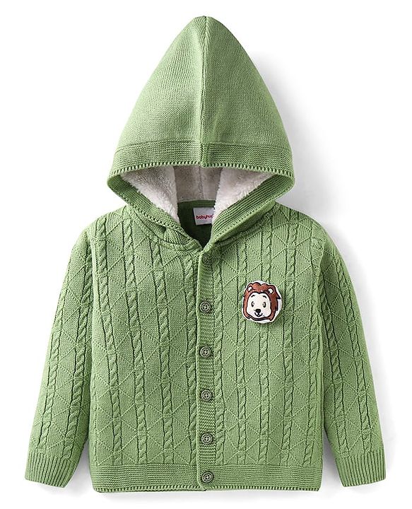 Babyhug Knitted Full Sleeves Front Open Hooded Sweater with Lion Applique - Green