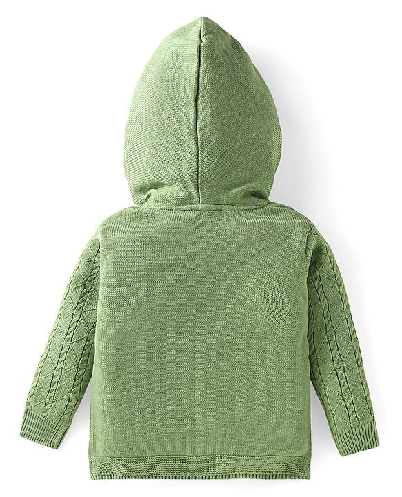 Babyhug Knitted Full Sleeves Front Open Hooded Sweater with Lion Applique - Green