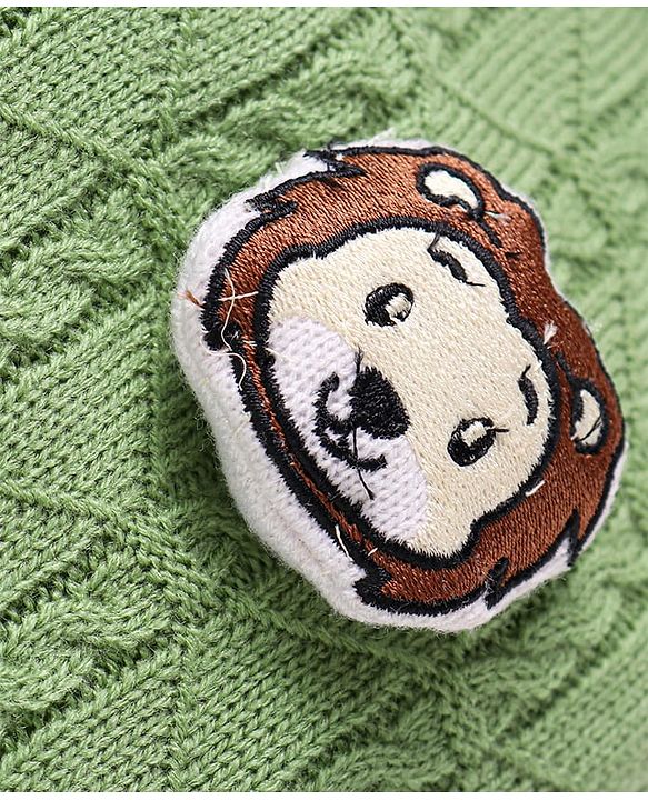 Babyhug Knitted Full Sleeves Front Open Hooded Sweater with Lion Applique - Green
