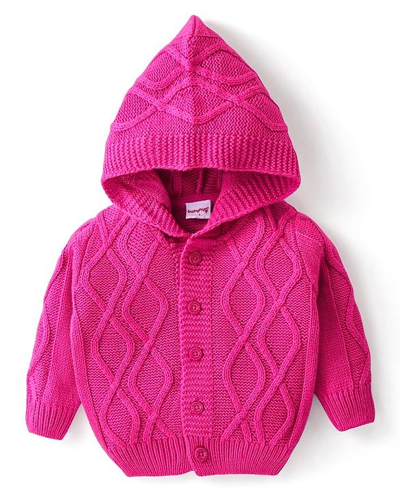Babyhug Knitted Full Sleeves Front Open Hooded Sweater with Cable Knit Design - Pink