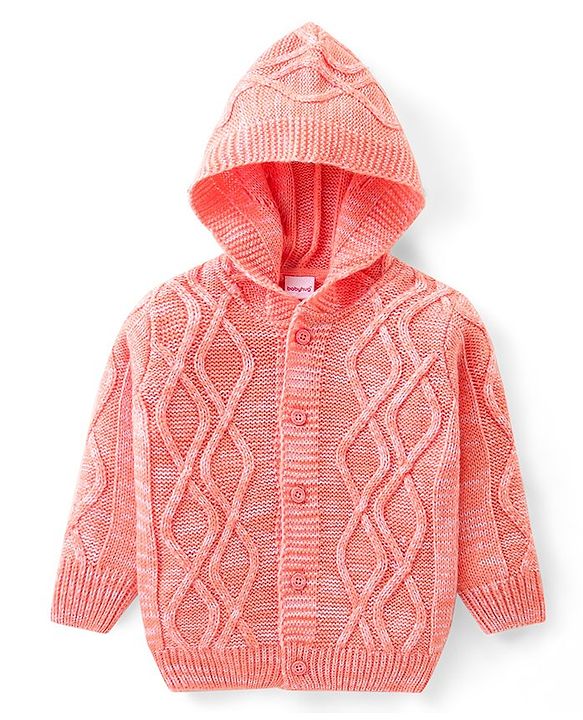 Babyhug Knit Full Sleeves Front Open Hooded Sweater with Cable Knit Design - Orange