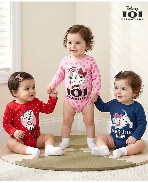 Babyhug Disney Cotton Knit Full Sleeves 101 Dalmatians Graphic Onesies Pack of 3 - Red Blue & Pink