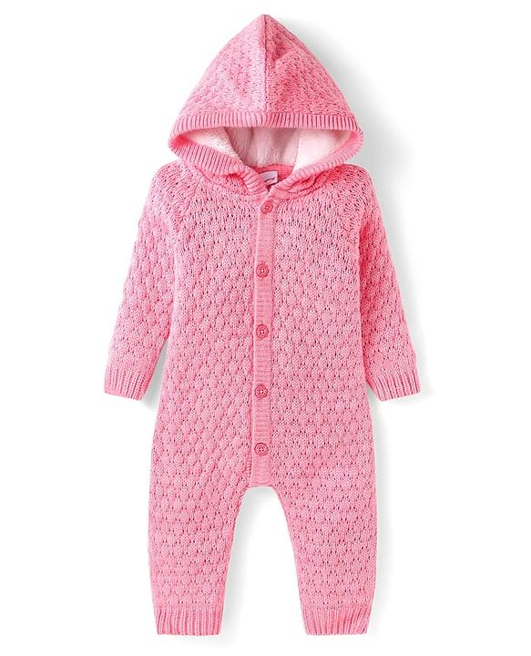 Babyhug Sweater Knit Full Sleeves Hooded  Winter Romper - Pink