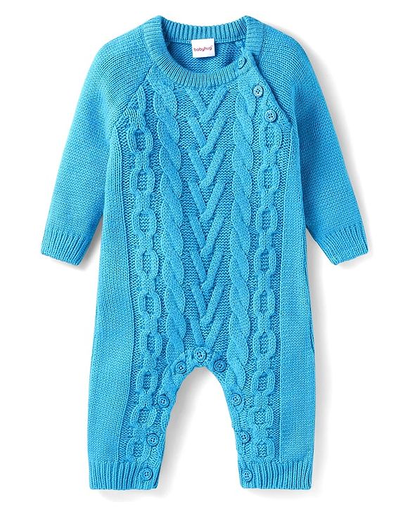 Babyhug Sweater Knit Full Raglan Sleeves Winter Romper with Cable Knit Design - Light Blue