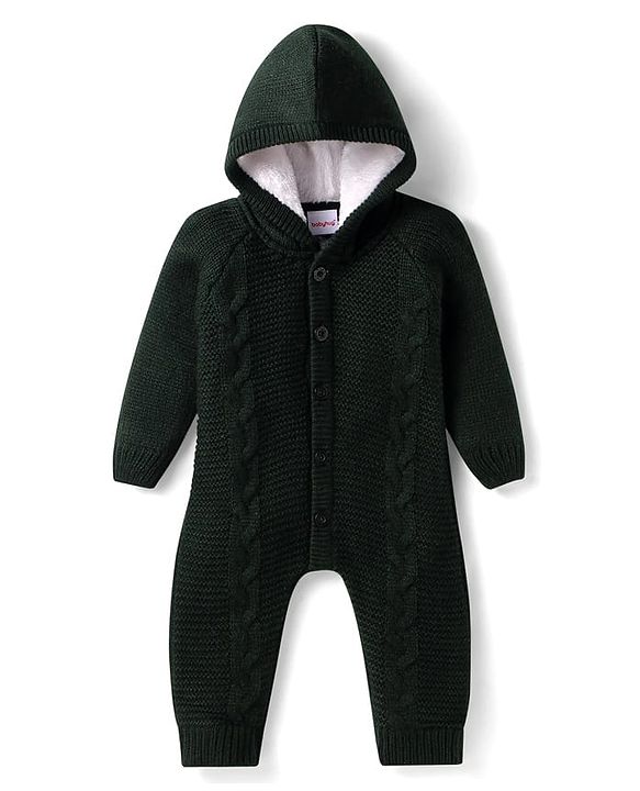 Babyhug Sweater Knit Full Raglan Sleeves Hooded  Winter Romper with Cable Knit Design - Dark Green
