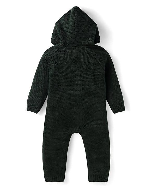 Babyhug Sweater Knit Full Raglan Sleeves Hooded  Winter Romper with Cable Knit Design - Dark Green