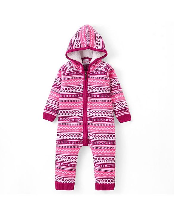 Babyhug Knit Full Raglan Sleeves Winter Wear Hooded Romper with Chevron Design - Pink