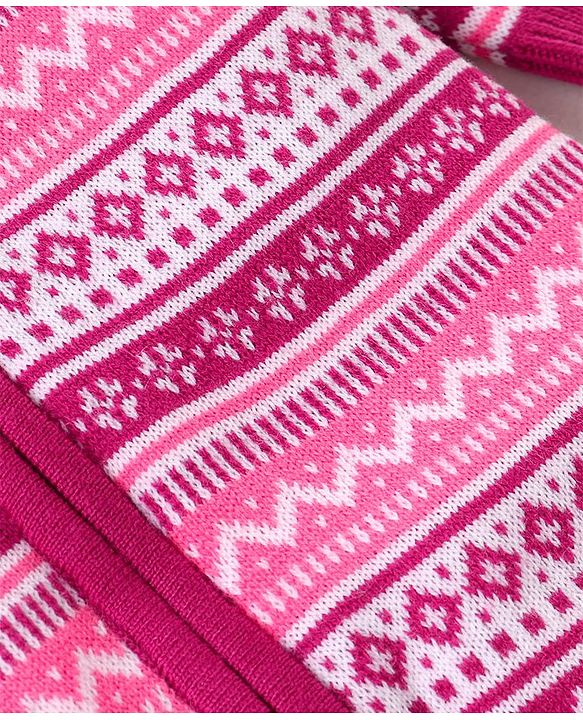 Babyhug Knit Full Raglan Sleeves Winter Wear Hooded Romper with Chevron Design - Pink
