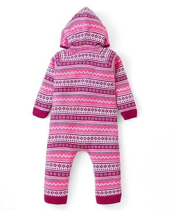 Babyhug Knit Full Raglan Sleeves Winter Wear Hooded Romper with Chevron Design - Pink