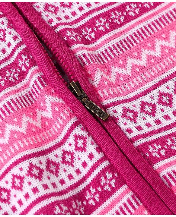 Babyhug Knit Full Raglan Sleeves Winter Wear Hooded Romper with Chevron Design - Pink