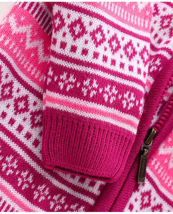 Babyhug Knit Full Raglan Sleeves Winter Wear Hooded Romper with Chevron Design - Pink